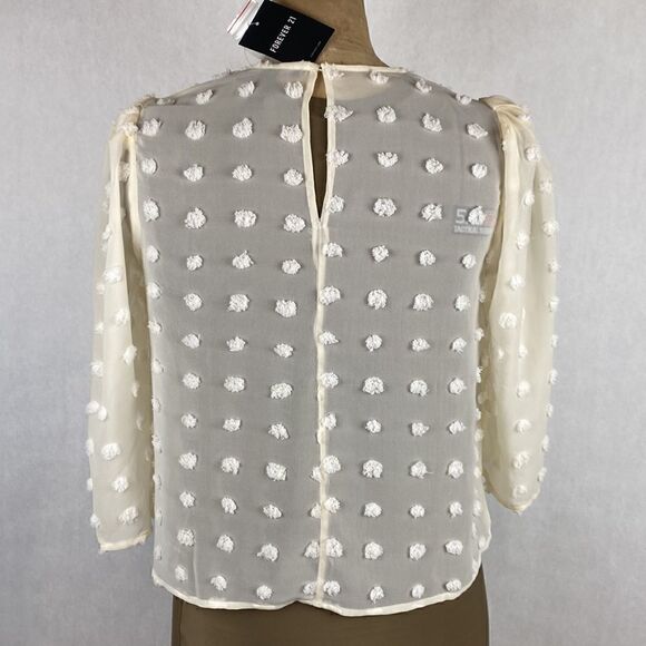 NEW Forever 21 Sheer Top Shirt Polka Dot Texture Small Puff 3/4 Sleeve Cropped - Picture 4 of 10